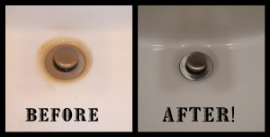 before and after of cleaned sink using only vinegar and baking soda