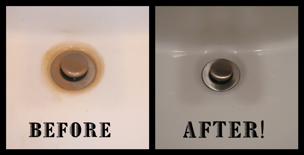 before and after of cleaned sink using only vinegar and baking soda